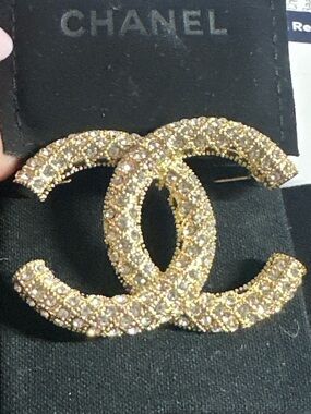 CHANEL Gold-Tone Crystal Embellished Double C Brooch